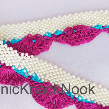 Fuchsia Pink / Black Crochet Trim With Off White Pearls, Scallop Trimming, Approx. 30mm wide